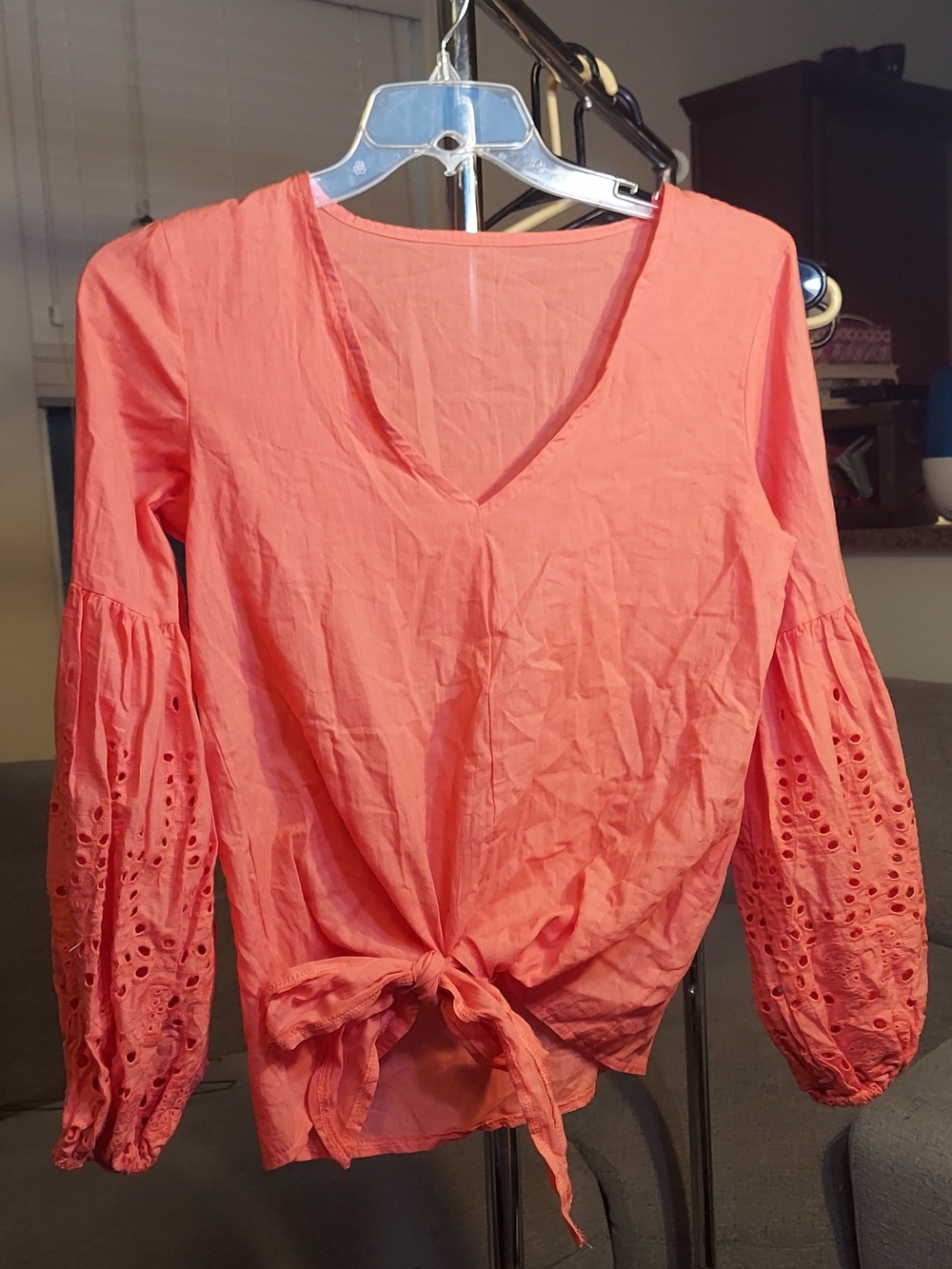 Tie-Front Eyelet Sleeve Blouse in Coral
